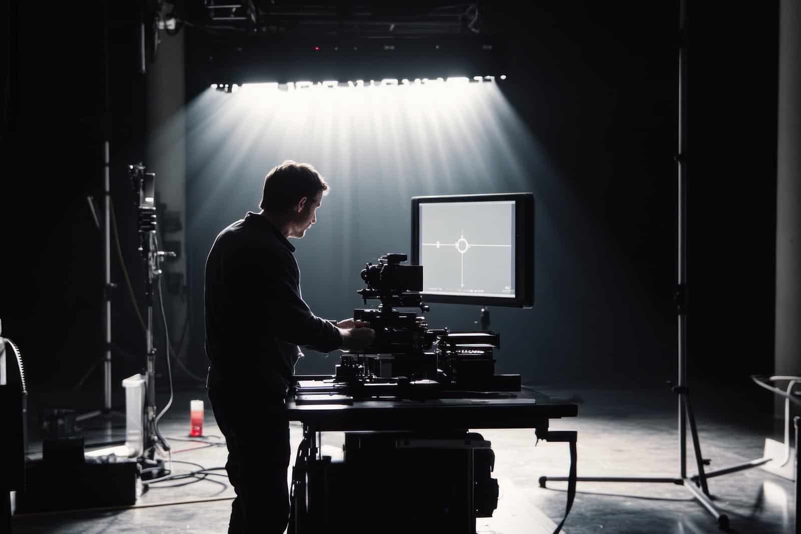 Cinematógrafo operando una cámara cinematográfica en un set de producción profesional