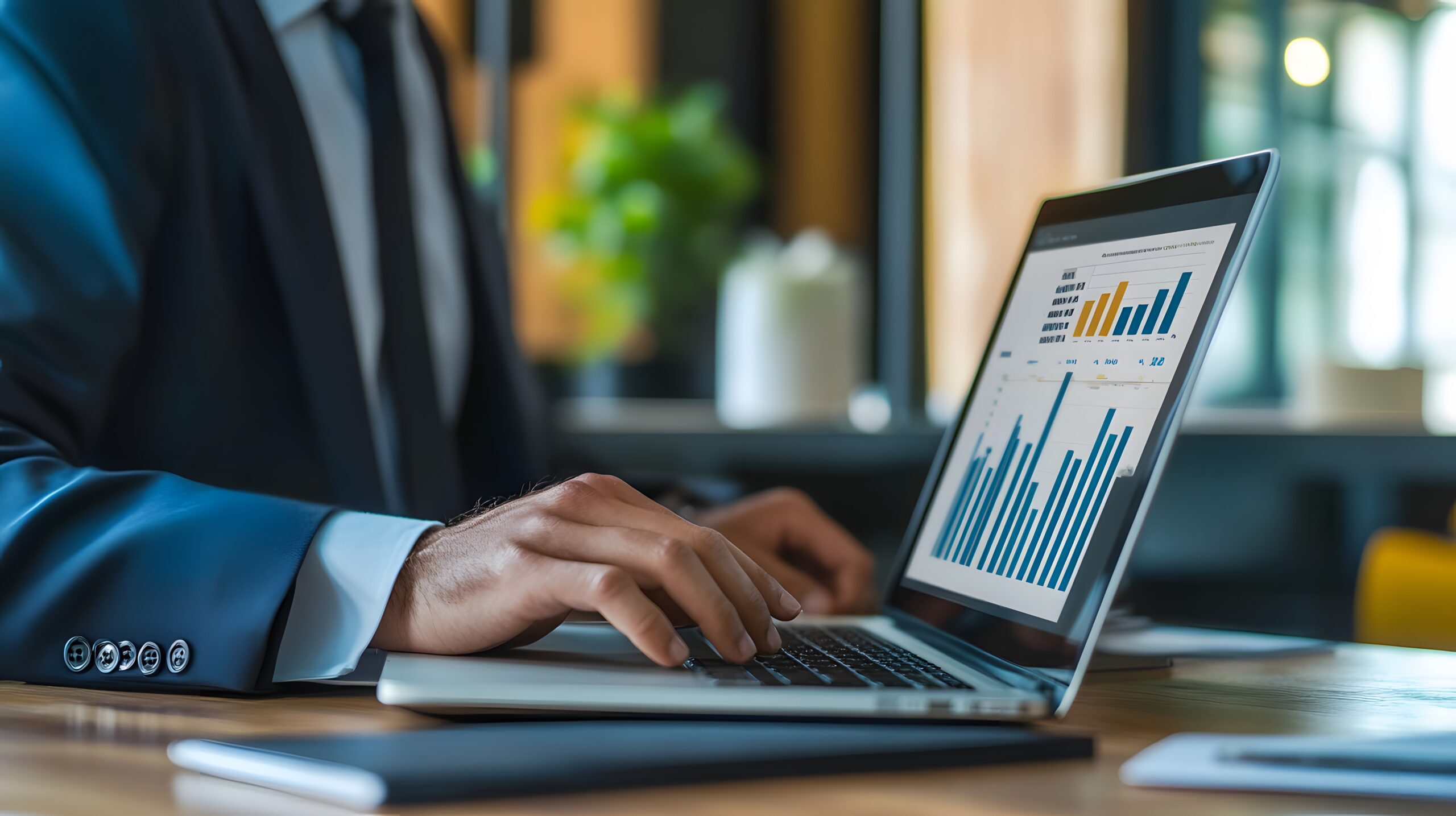 Profesional analizando datos de mercado en su portátil para validar una nueva expertise
