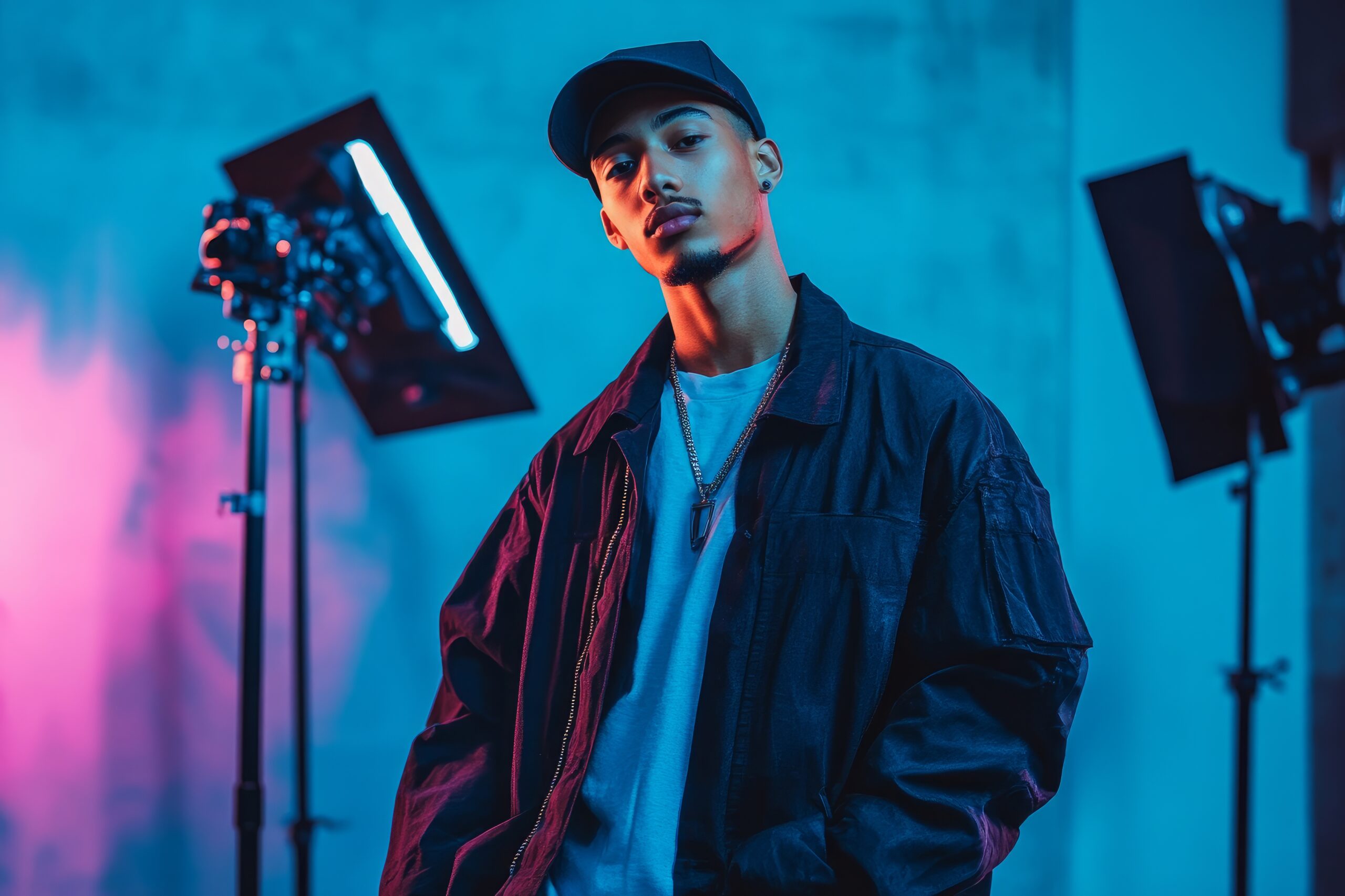 Sesión de foto editorial para artista musical con iluminación profesional de estudio