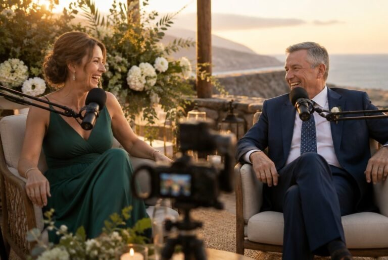 Invitados de boda conversando frente a los micrófonos del podcast de boda en Tenerife