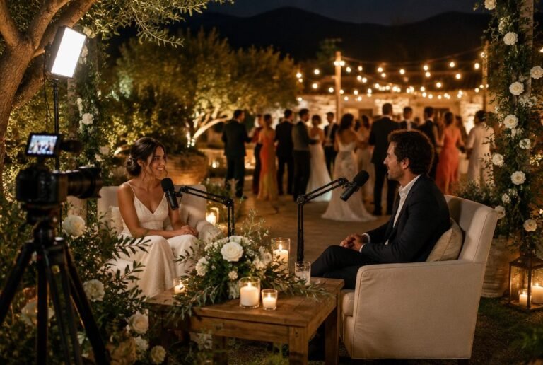 Set de podcast con sillones, micrófonos y cámara en la fiesta de una boda en Tenerife